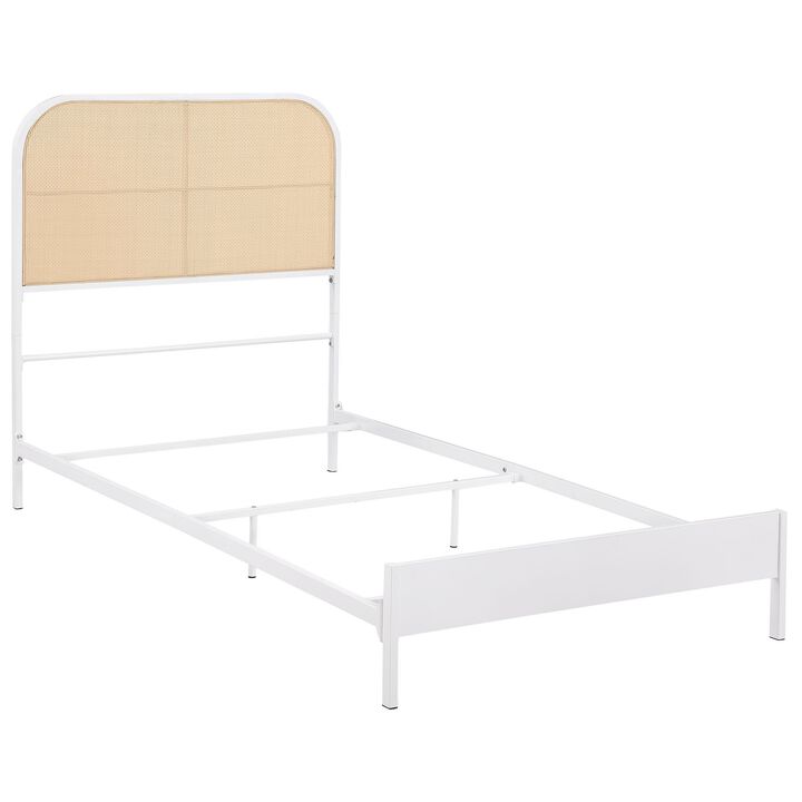 Ammy Twin Bed, Radio Weave Headboard, Brown Faux Rattan, White Metal  - Benzara