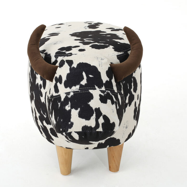 Massy Cow Kids Ottoman 25 Inches, Black, White Velvet, Light Brown Horn - Benzara