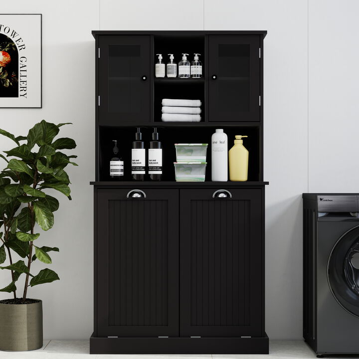32.68 in. W. x 14.57 in. D x 59.69 in. H Black Freestanding Tilt-Out Linen Cabinet with Adjustable Shelves
