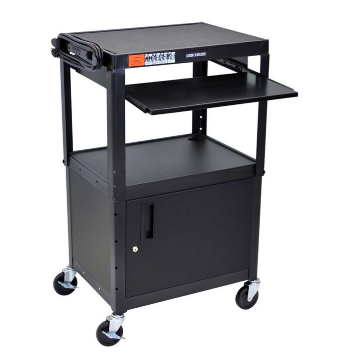 Luxor Adjustable Height Black Metal A/V Cart w/ Pullout Keyboard Tray and Cabinet