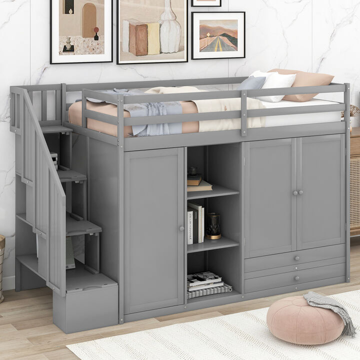 Functional Loft Bed With 3 Shelves, 2 Wardrobes And 2 Drawers, Ladder With Storage