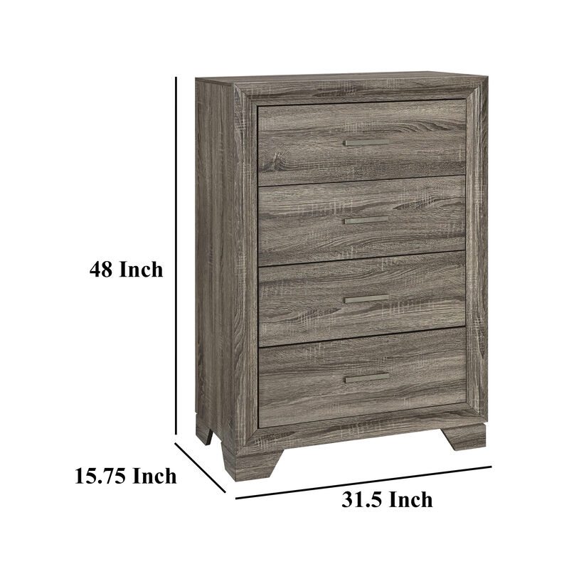 Reay Tall Dresser Chest, Brown Oak, 4 Drawers Silver Metal handles - Benzara