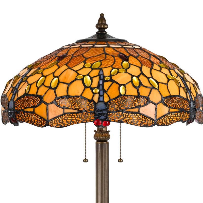 2 Bulb Tiffany Floor Lamp with Dragonfly Design Shade, Multicolor-Benzara