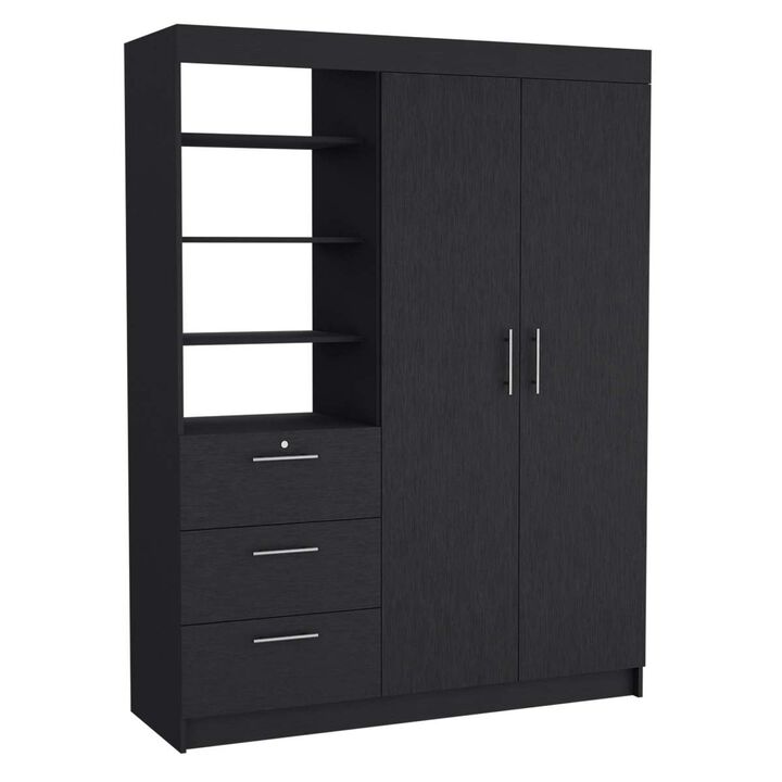 Kenya 3 Drawers Armoire, Double Door, 3-Tier Shelf - Black