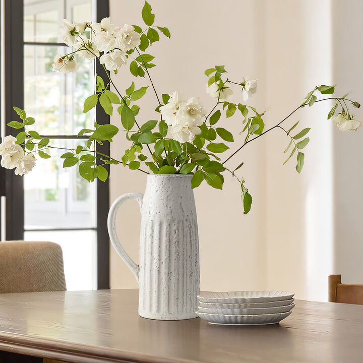 LuxenHome Vintage White Ribbed Terracotta Pitcher Vase with Handle