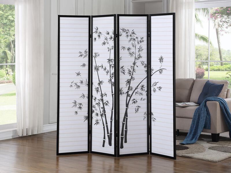 Streamdale Bamboo Print 4-Panel Framed Room Screen/Divider, Black