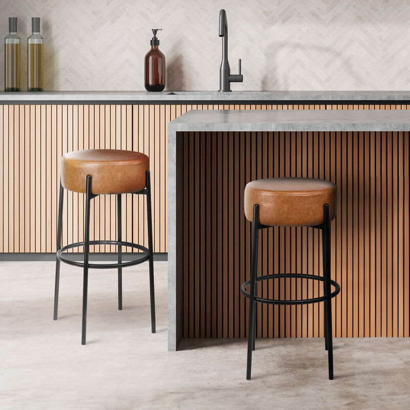 Paola Modern Minimalist Round Backless Metal/Bouclé Cushioned Bar Stool