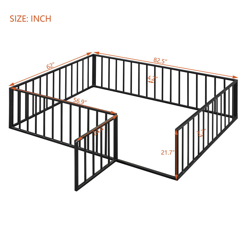 Streamdale Queen Size Metal Floor Bed Frame With Fence And Door