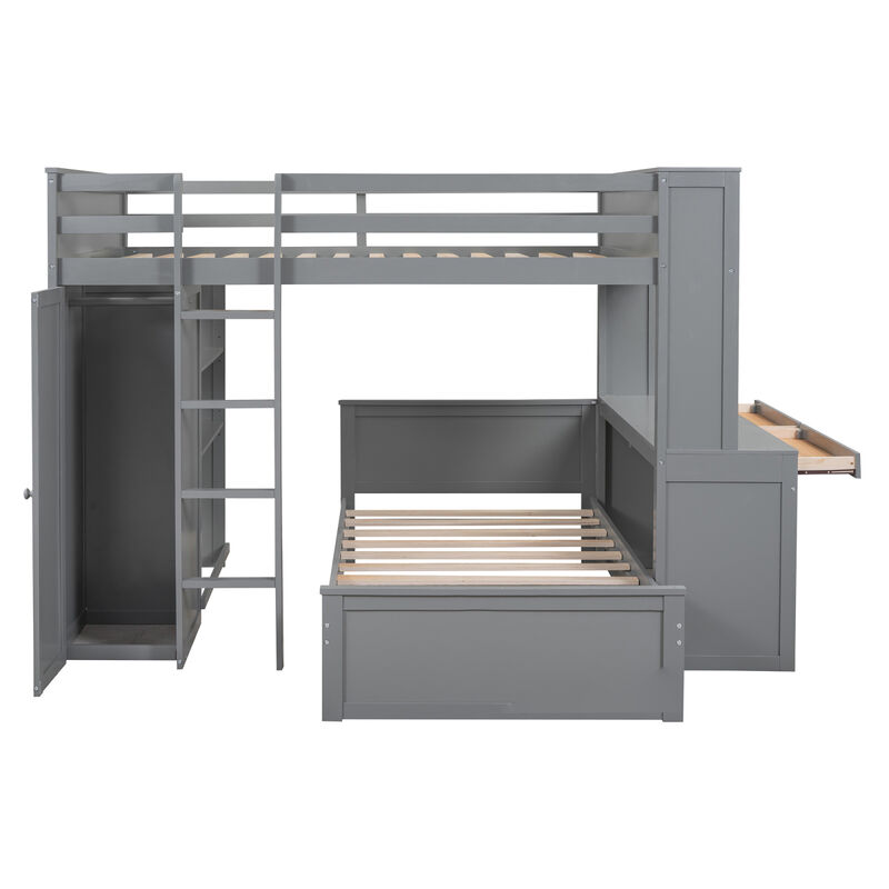 Full Size Loft Bed With A Twin Size Stand-Alone Bed, Shelves, Desk, And Wardrobe