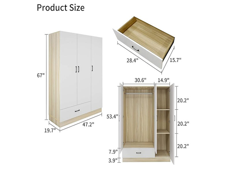 Armoire Wardrobe Closet, Bedroom Armoires with Hanging Rod, 3 Doors and 3 Storage Cabinets, Wardrobe Closet with Drawer,White