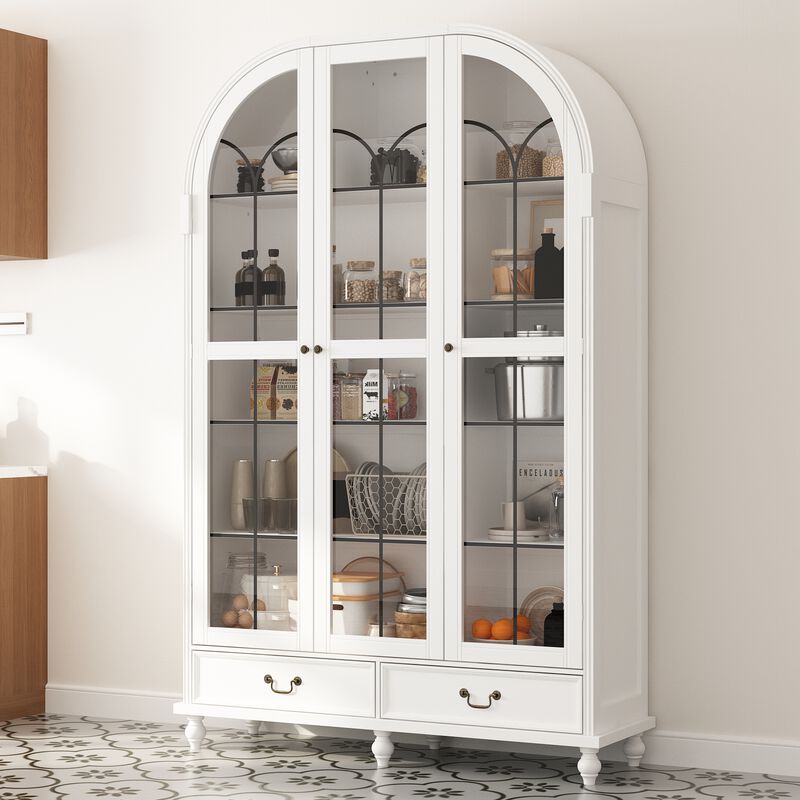 FUFU&GAGA Modern White Cabinet with Glass Doors, 2 Drawers & 8 Shelves, Elegant Storage for Dining Room, Living Room, or Kitchen (77.2"H x 50.4"W x 15.7"D),White