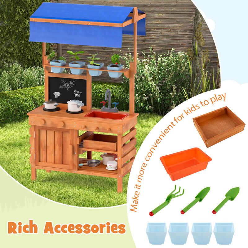 Wooden Pretend Play Kitchen with Height Adjustable Canopy for Kids