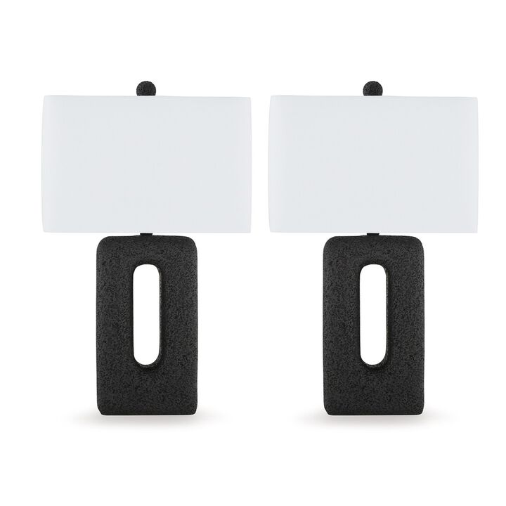 27 Inch Table Lamp Set of 2, Black Rectangular Cutout Base, Fabric Shade - Benzara