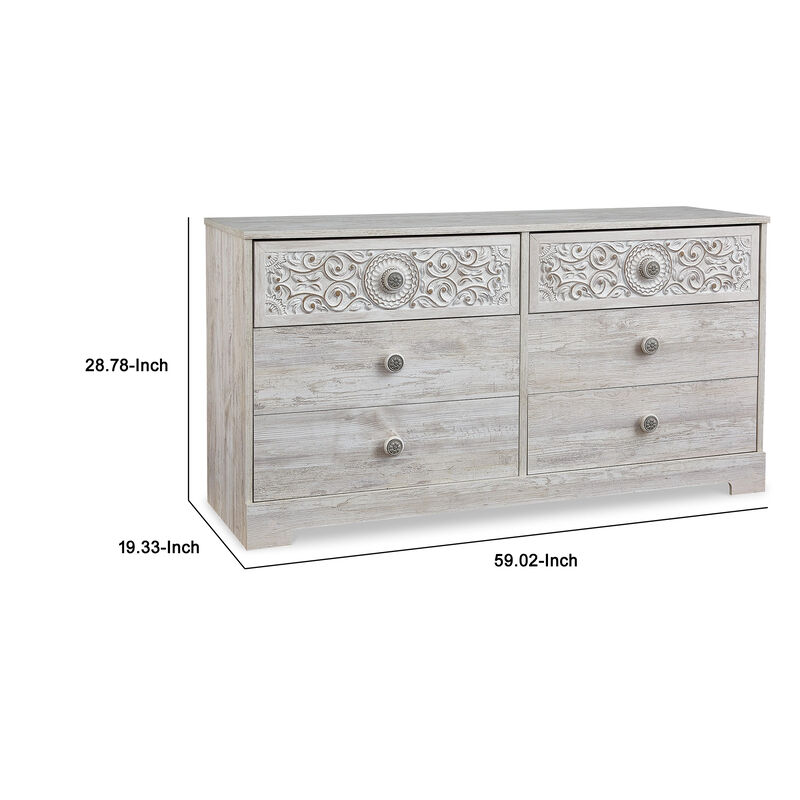 59 Inch Dresser, 6 Drawers, Medallion Design Front, Whitewashed MDF Frame-Benzara