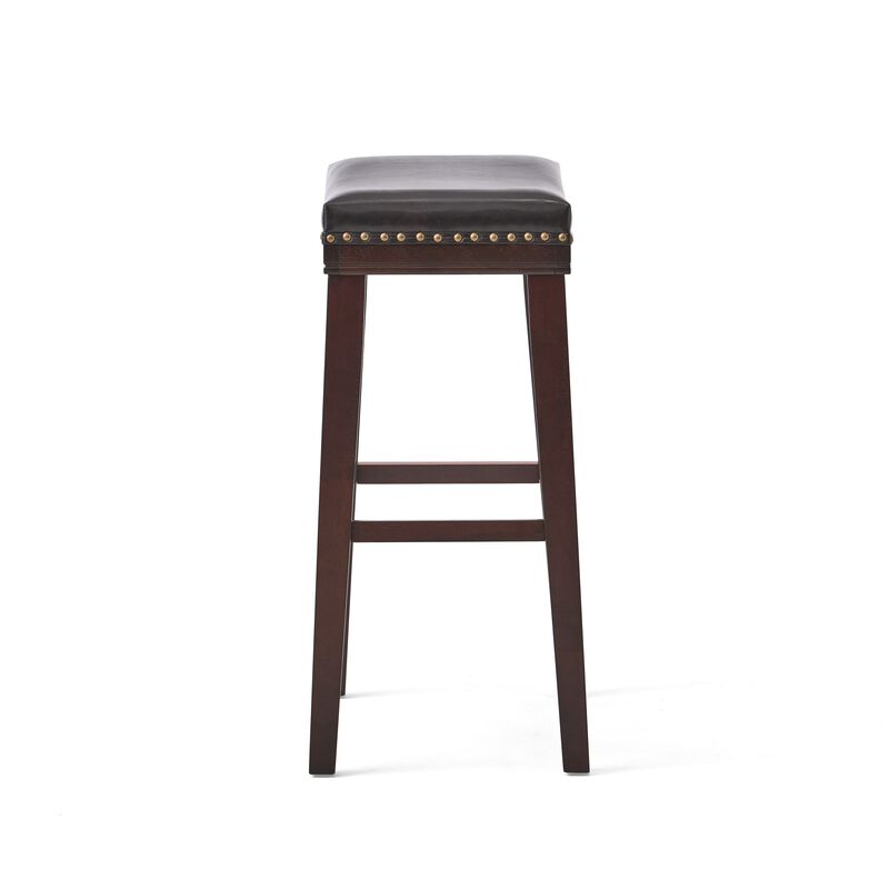 Clare Barstool Set of 2, Black Faux Leather, Nailhead Trim, Dark Brown - Benzara