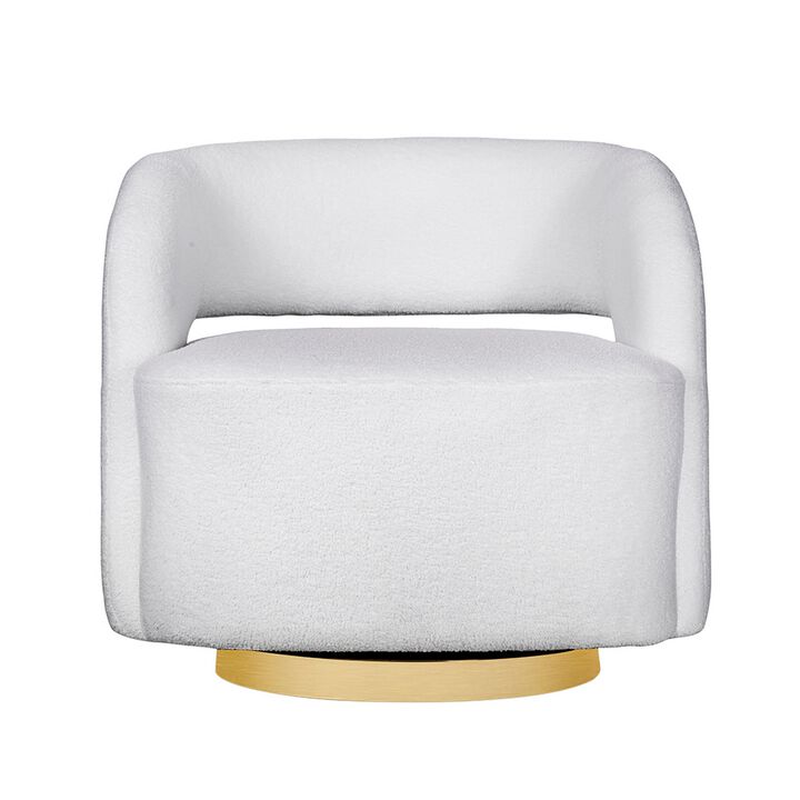 Xion 30 Inch Swivel Accent Chair, White Fabric Upholstery, Gold Iron Base - Benzara