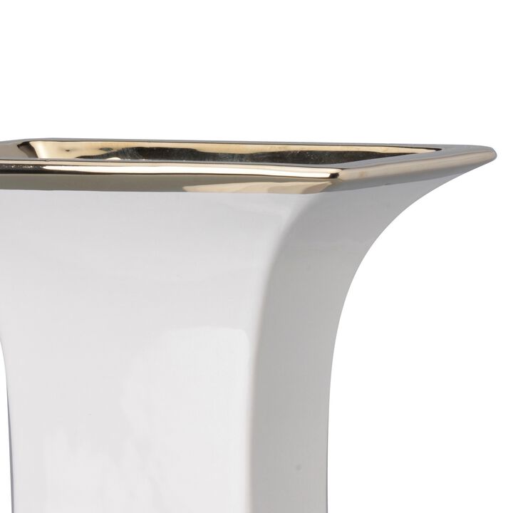 14 Inch Decorative Ceramic Vase, Artistic Turned Urn, White and Gold Rim-Benzara