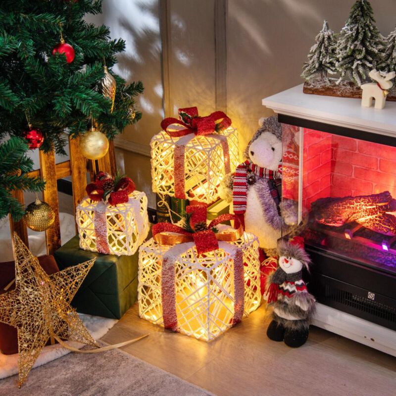 Hivvago Set of 3 Christmas Lighted Gift Boxes Decorations with Red Bowknots
