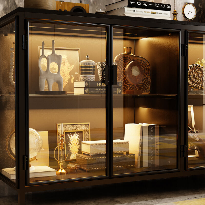 FUFU&GAGA  Modern Industrial Black Metal & Glass Storage Cabinet – 4-Door Tempered Glass Display with Sturdy Wood Shelves, (55.1" W x 15.7" D x 29.5" H), Black