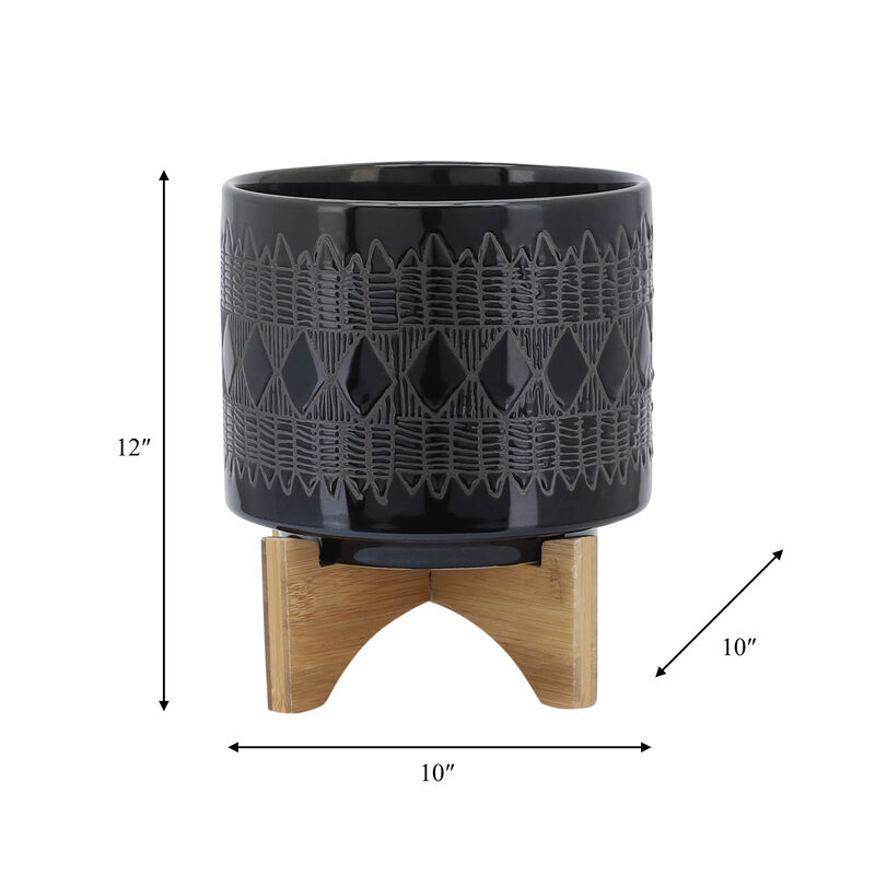 Aztec Planter on Wooden Stand, Black Set