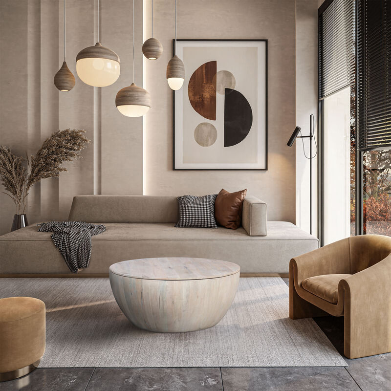 37 Inch Round Coffee Table, Handcrafted Drum Shape with Storage, Washed White Mango Wood - Benzara