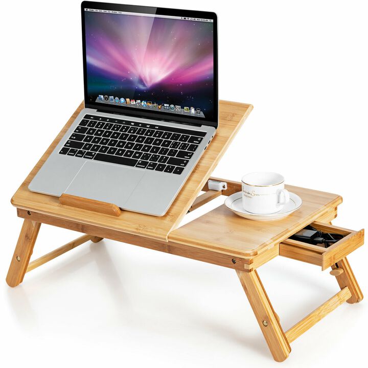 Adjustable Wicker Laptop Desk with Tilting Top and Drawer