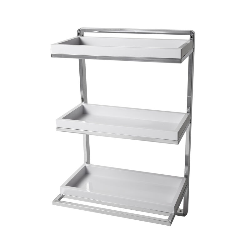 Wall Mount 3-Tier White and Chrome Bathroom Shelf with Towel Bar and Removable Trays
