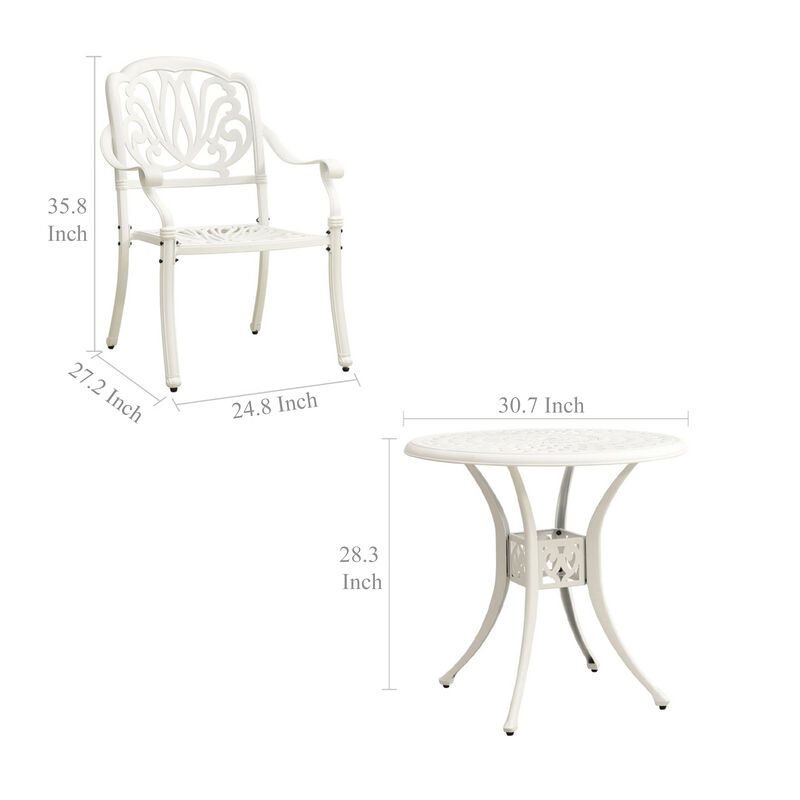 Kasa Outdoor 3pc Bistro Breakfast Set, 2 Chairs, 1 Table, White Metal - Benzara