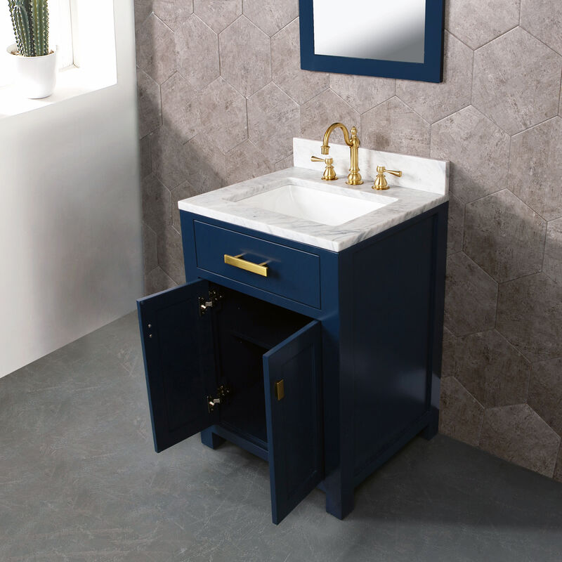 Madison 24 In. Single Sink Carrara White Marble Countertop Bath Vanity In Monarch Blue with Satin Gold Hardware