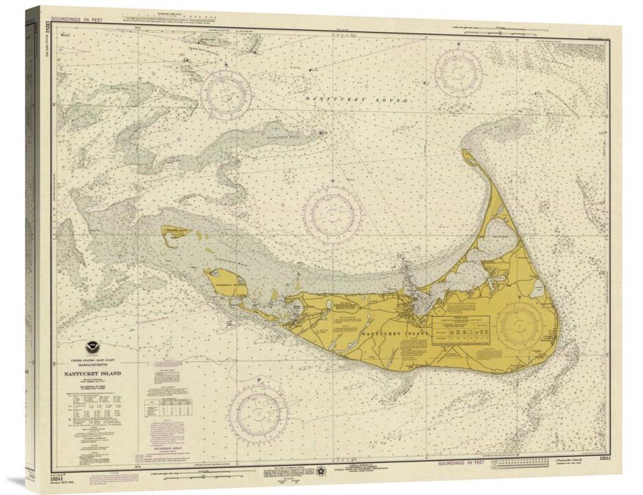 Nautical Chart - Nantucket Island ca. 1975 - Sepia Tinted-Canvas Art-30x24.3