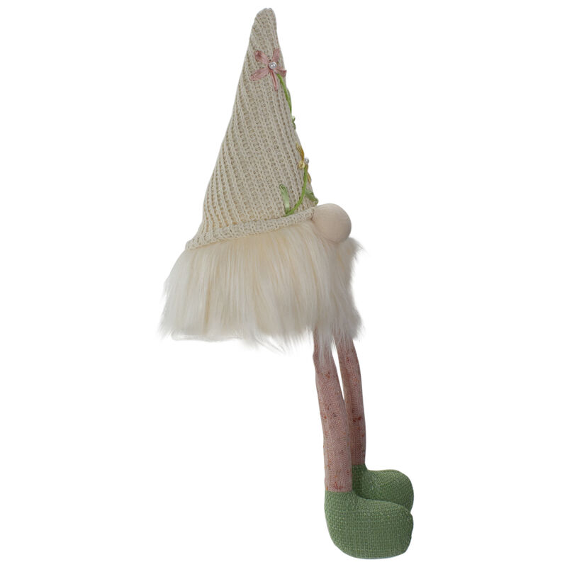 17" Lighted Cream and Pink Sitting Gnome Figure with Knitted Hat
