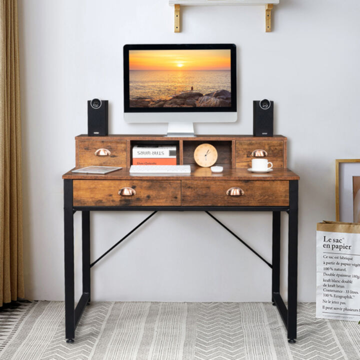 Steel Frame Computer Desk with Old Wood Table Top, 4 Drawers for Home Office or Study