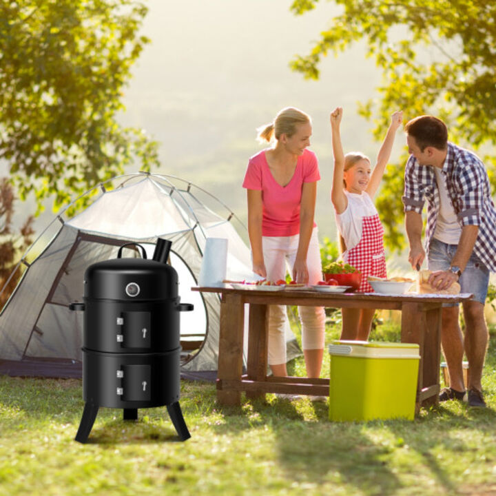 3-in-1 Portable Round Charcoal Smoker BBQ Grill Built-in Thermometer