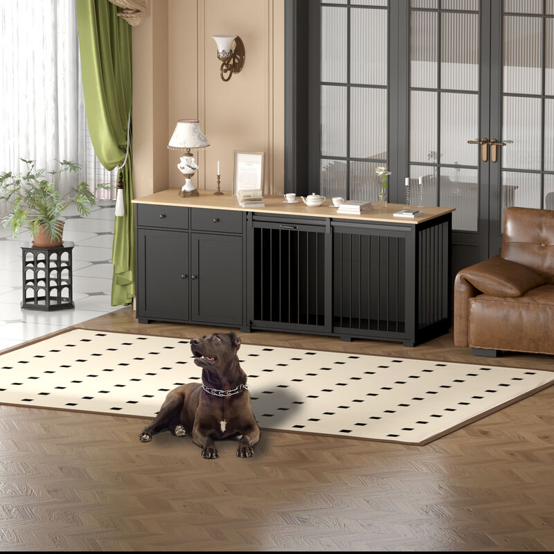 Large Dog House Furniture Dog Crate Storage Cabinet, Dog Cage with 2-Drawers and Sliding Door for Large Dogs, Black