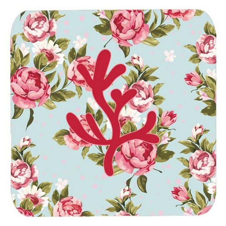 Caroline's Treasures BB1103-RS-BU-FC Coral Shabby Chic Blue Roses Foam Coasters (Set of 4), 3.5 H x 3.5 W, Multicolor