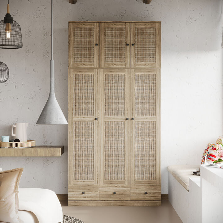 FUFU&GAGA Natural Wood Wardrobe with Shelves, Drawers, and Hanging Space, (47.2" W x 18.9" D x 94.5" H)，Brown