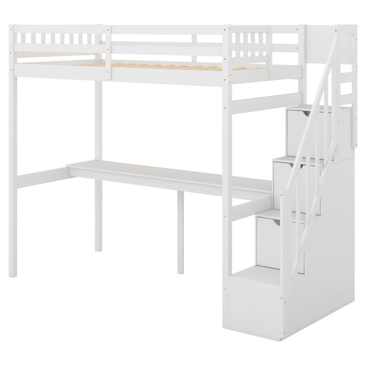 Twin Size Loft Bed With Storage Staircase And Built-In Desk