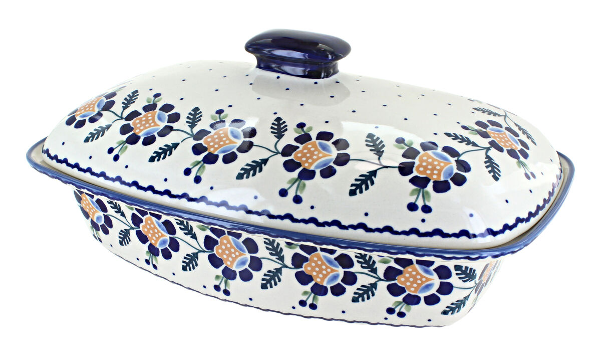 Blue Rose Polish Pottery Sage Floral Covered Baker