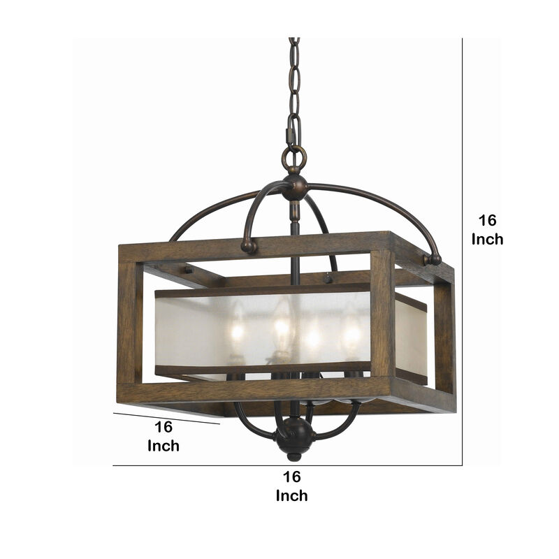 4 Bulb Semi Flush Pendant with Wooden Frame and Organza Striped Shade,Brown-Benzara