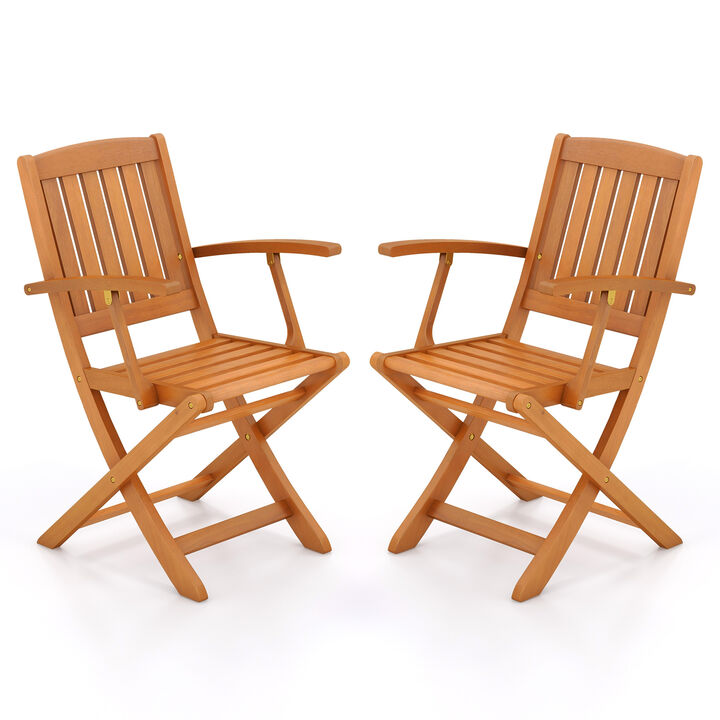 Patio Wood Folding Chair Set of 2 with Armrests and Slatted Seat