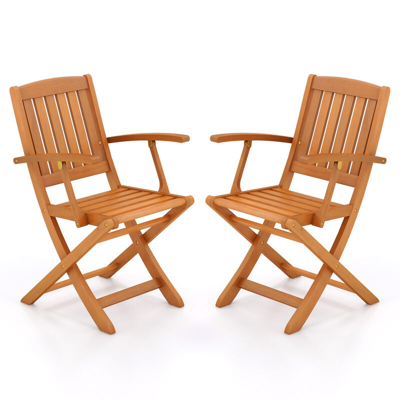 Patio Wood Folding Chair Set of 2 with Armrests and Slatted Seat