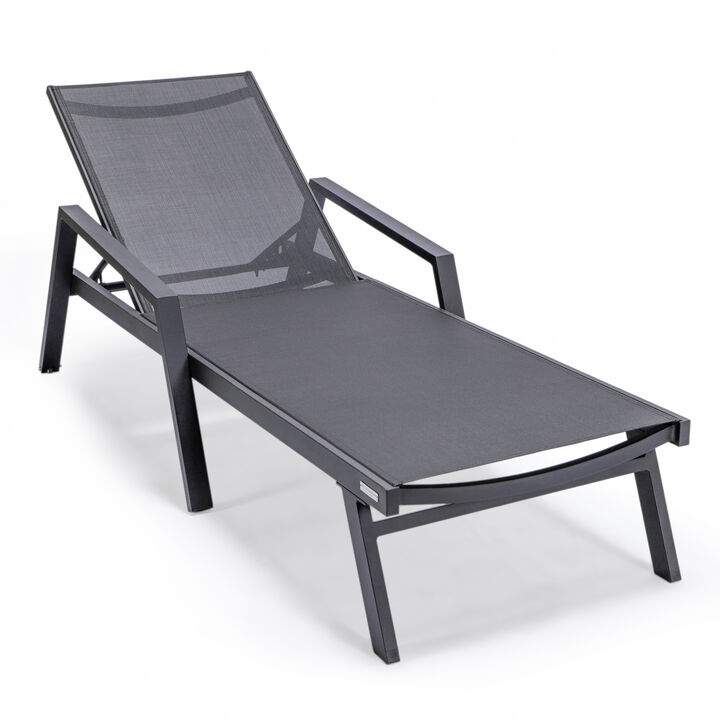LeisureMod Marlin Patio Chaise Lounge Chair with Armrests – Black Aluminum Frame & Navy Blue Mesh for Outdoor Comfort