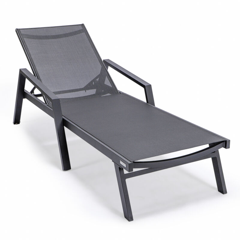 LeisureMod Marlin Patio Chaise Lounge Chair with Armrests – Black Aluminum Frame & Navy Blue Mesh for Outdoor Comfort