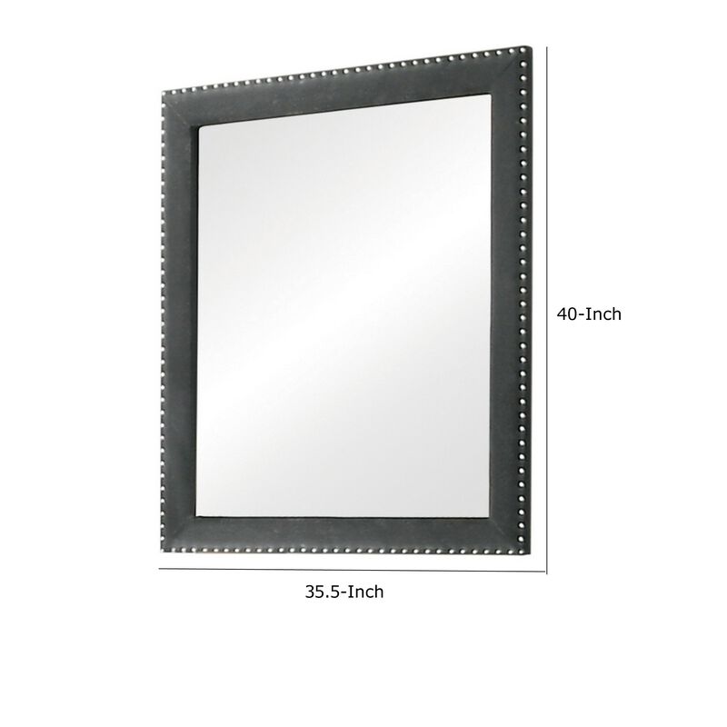 Cale 40 Inch Modern Portrait Mirror, Velvet Upholstery, Nailhead Trim, Gray-Benzara