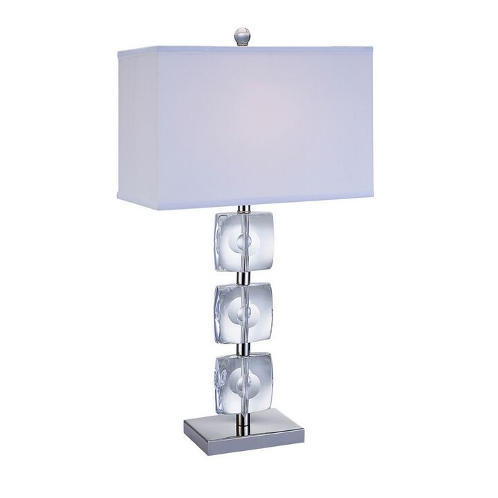 28 Inch Table Lamp, Crystal Stand, White Rectangular Shade, Metal, Clear -Benzara