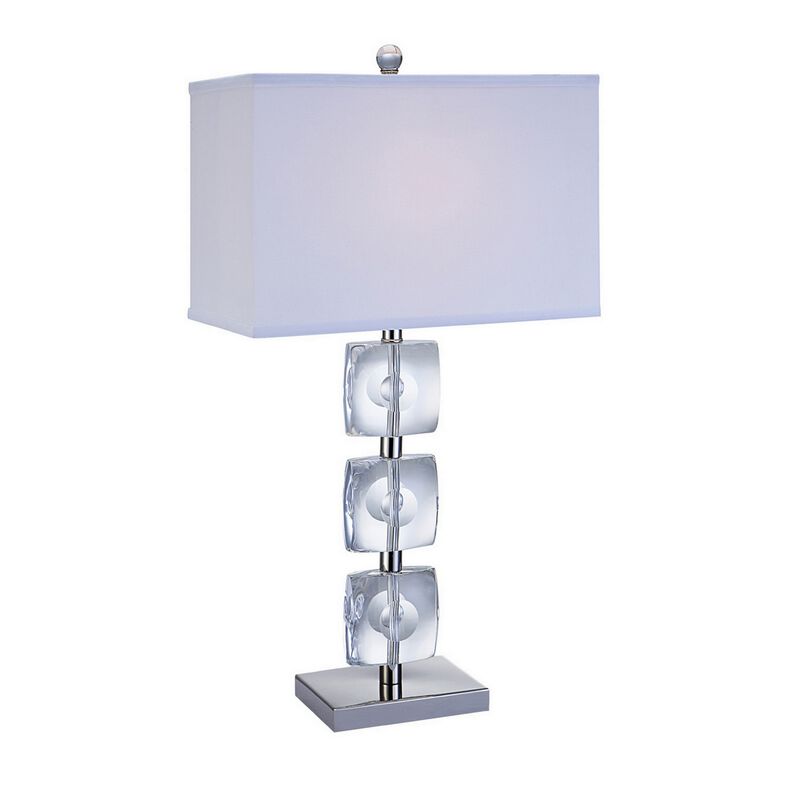 28 Inch Table Lamp, Crystal Stand, White Rectangular Shade, Metal, Clear -Benzara