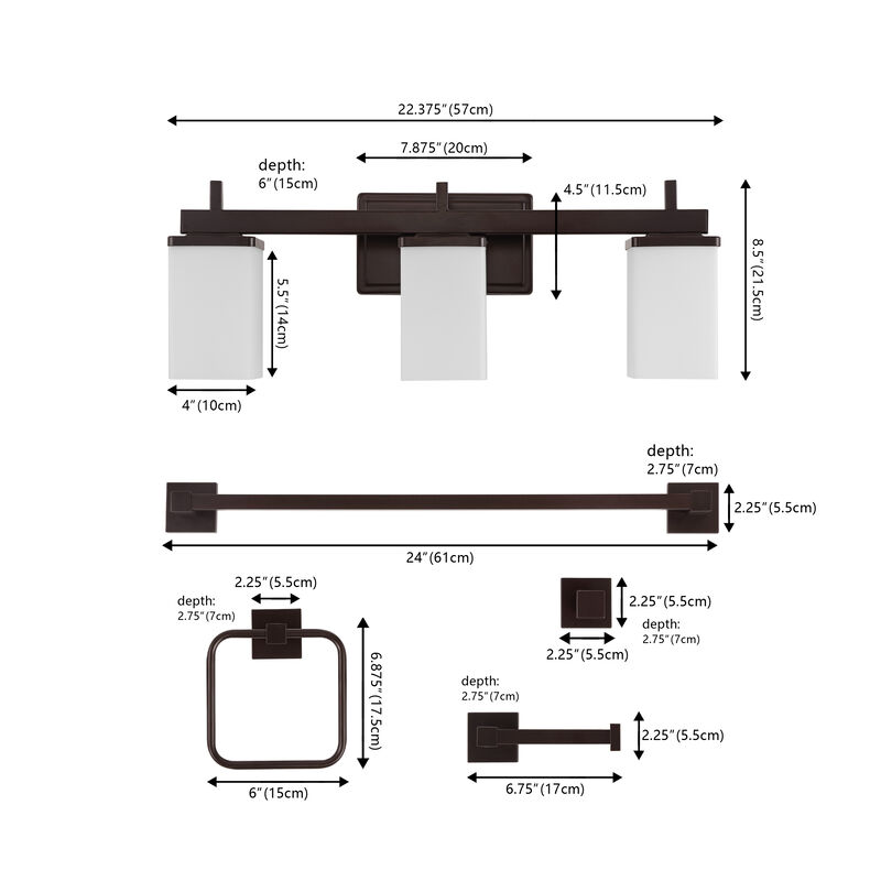 Caia 22.38" 3-Light Modern Contemporary Vanity Light with Frosted Glass Shades and Bathroom Hardware Accessory 5-Piece Set