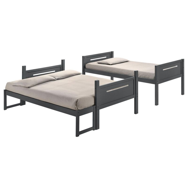 Amey Twin over Full Bunk Bed, Guard Rails, Attached Ladder, Gray Wood - Benzara