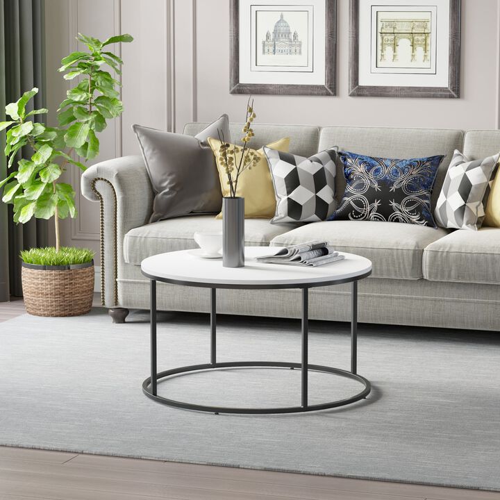 Minimalist Centerpiece: 32" White Round Coffee Table with Black Frame