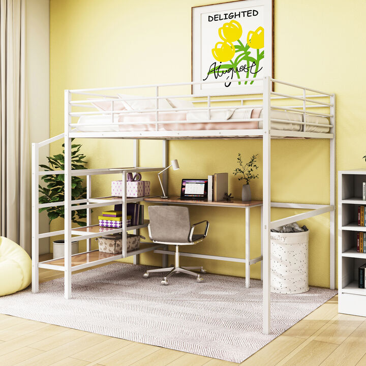 Full Size Metal Loft Bed With Desk And Lateral Storage Ladder